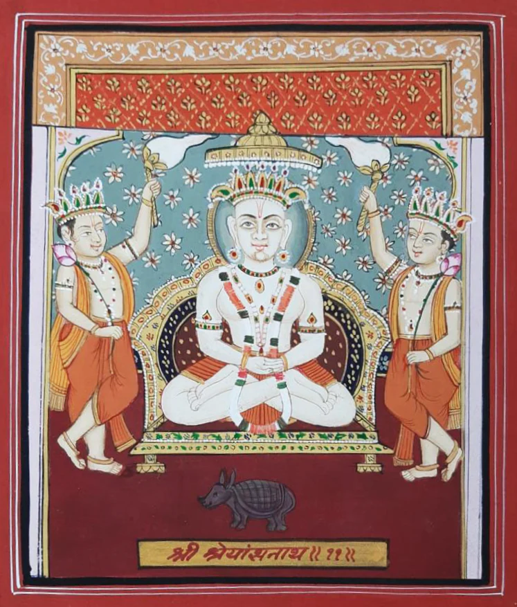 Shri Shreyansnath Pichwai art with rhinoceros symbol